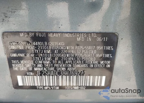 2011 Subaru Forester 2.5X Premium z USA, uszkodzony, nr VIN JF2SHADC3BH769271